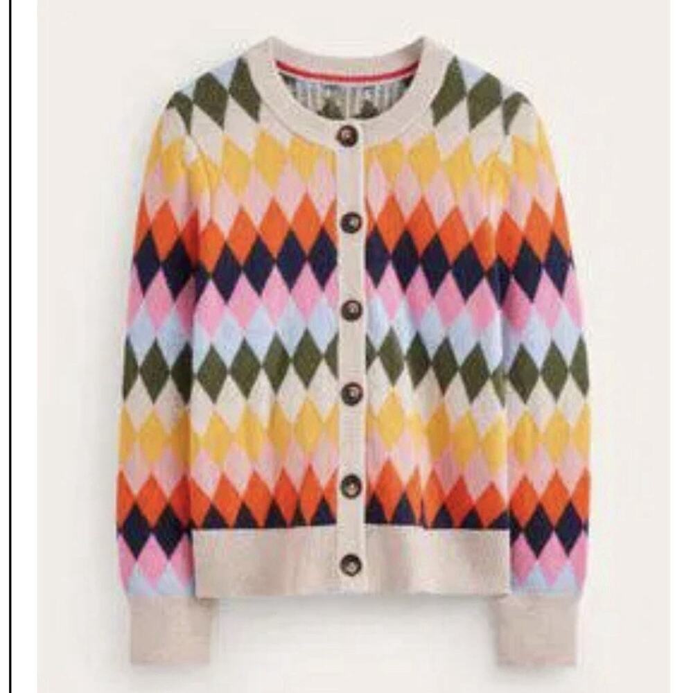 Boden Women Multicolor Argyle Diamond Wool Blend Sweater Patterned Cardigan XL - Picture 9 of 12